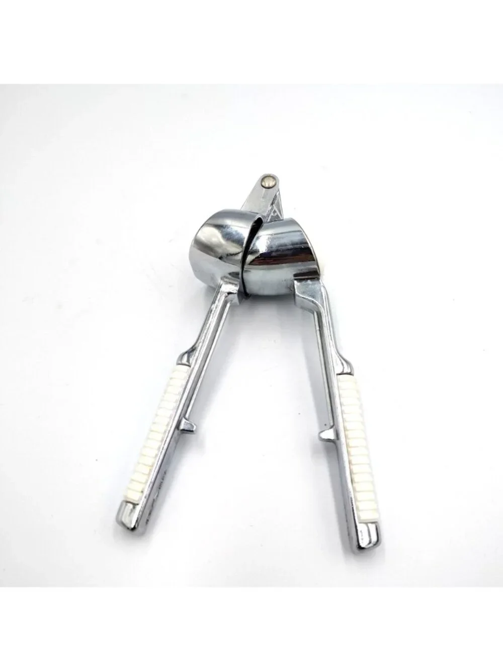 Vintage Pedrini Italy Garlic Press Chrome White Handles Heavy Duty Kitchen Tool